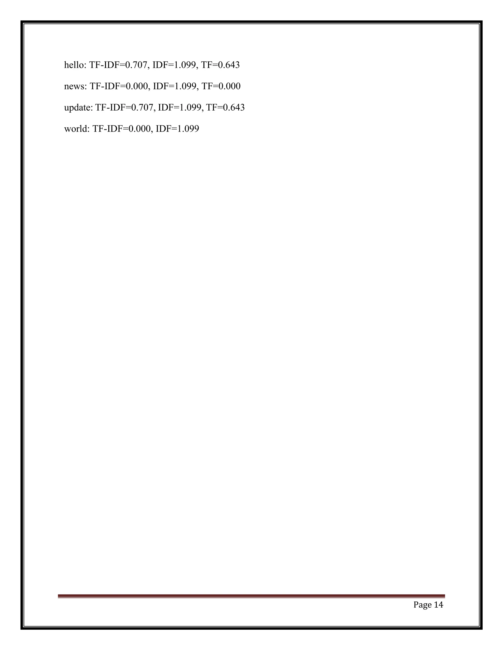Page 14
hello: TF-IDF=0.707, IDF=1.099, TF=0.643
news: TF-IDF=0.000, IDF=1.099, TF=0.000
update: TF-IDF=0.707, IDF=1.099, TF=0.643
world: TF-IDF=0.000, IDF=1.099
 