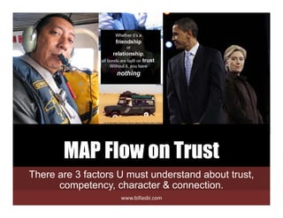 MAP Flow on TrustMAP Flow on Trust
There are 3 factors U must understand about trust,There are 3 factors U must understand about trust,
competency, character & connection.
www.billasbi.com
 