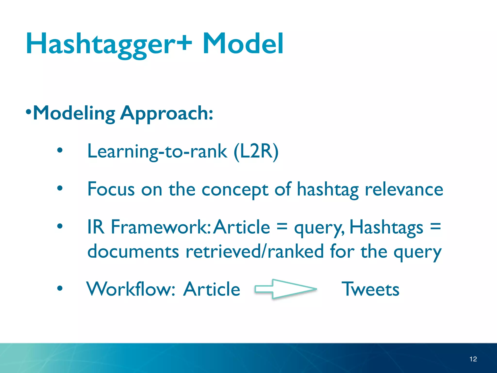 Hashtagger+ Model
•Modeling Approach:
• Learning-to-rank (L2R)
• Focus on the concept of hashtag relevance
• IR Framework:Article = query, Hashtags =
documents retrieved/ranked for the query
• Workflow: Article Tweets
12
 