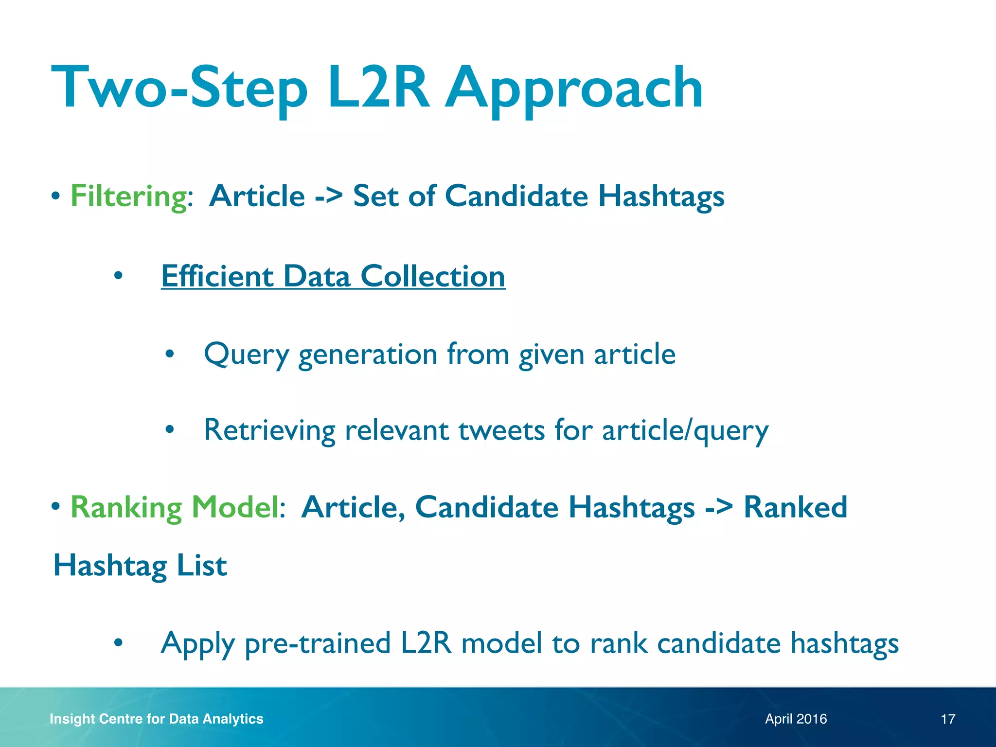 Insight Centre for Data Analytics
Two-Step L2R Approach
• Filtering: Article -> Set of Candidate Hashtags
• Efficient Data Collection
• Query generation from given article
• Retrieving relevant tweets for article/query
• Ranking Model: Article, Candidate Hashtags -> Ranked
Hashtag List
• Apply pre-trained L2R model to rank candidate hashtags
April 2016 17
 