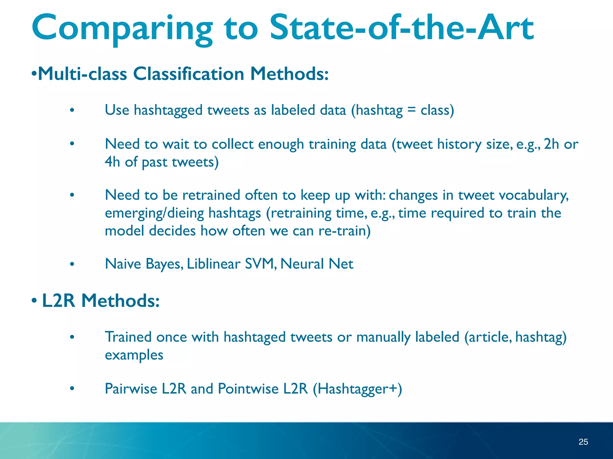 •Multi-class Classification Methods:
• Use hashtagged tweets as labeled data (hashtag = class)
• Need to wait to collect enough training data (tweet history size, e.g., 2h or
4h of past tweets)
• Need to be retrained often to keep up with: changes in tweet vocabulary,
emerging/dieing hashtags (retraining time, e.g., time required to train the
model decides how often we can re-train)
• Naive Bayes, Liblinear SVM, Neural Net
• L2R Methods:
• Trained once with hashtaged tweets or manually labeled (article, hashtag)
examples
• Pairwise L2R and Pointwise L2R (Hashtagger+)
25
Comparing to State-of-the-Art
 