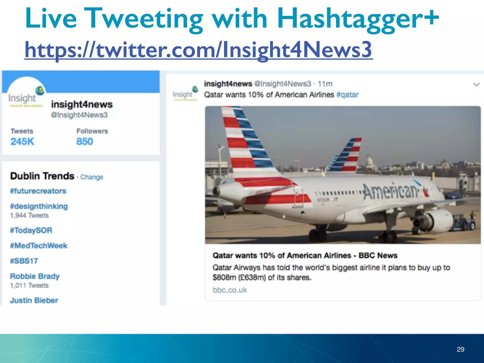 Live Tweeting with Hashtagger+
https://twitter.com/Insight4News3
29
 