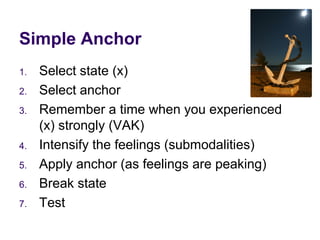 Simple Anchor
1. Select state (x)
2. Select anchor
3. Remember a time when you experienced
(x) strongly (VAK)
4. Intensify the feelings (submodalities)
5. Apply anchor (as feelings are peaking)
6. Break state
7. Test
 