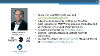 • Founder of QuantUniversity LLC. and
www.analyticscertificate.com
• Advisory and Consultancy for Financial Analytics
• Prior Experience at MathWorks, Citigroup and Endeca and
25+ financial services and energy customers.
• Regular Columnist for the Wilmott Magazine
• Charted Financial Analyst and Certified Analytics
Professional
• Teaches Analytics in the Babson College MBA program and
at Northeastern University, Boston
Sri Krishnamurthy
Founder and CEO
3
 