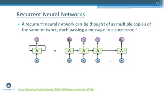 42
Recurrent Neural Networks
• A recurrent neural network can be thought of as multiple copies of
the same network, each passing a message to a successor. 1
http://colah.github.io/posts/2015-08-Understanding-LSTMs/
 
