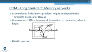 70
• As mentioned RNNs have a problem: long-term dependencies
▫ Gradients disappear or blow up
• One solution: LSTM – let network learn when to remember, when to
forget
• Used in practice
LSTM – Long Short-Term Memory networks
 
