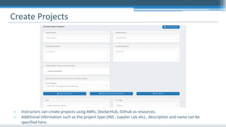 Create Projects
➢ Instructors can create projects using AMIs, DockerHub, Github as resources.
➢ Additional information such as the project type (JNS , Jupyter Lab etc) , description and name can be
specified here.
 