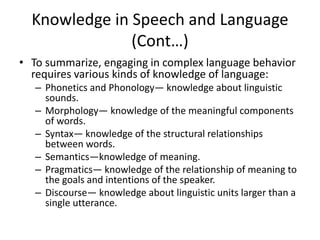 Knowledge in Speech and Language
(Cont…)
• To summarize, engaging in complex language behavior
requires various kinds of knowledge of language:
– Phonetics and Phonology— knowledge about linguistic
sounds.
– Morphology— knowledge of the meaningful components
of words.
– Syntax— knowledge of the structural relationships
between words.
– Semantics—knowledge of meaning.
– Pragmatics— knowledge of the relationship of meaning to
the goals and intentions of the speaker.
– Discourse— knowledge about linguistic units larger than a
single utterance.
 