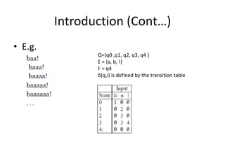 Introduction (Cont…)
• E.g.
Q={q0 ,q1, q2, q3, q4 }
Σ = {a, b, !}
F = q4
δ(q,i) is defined by the transition table
 