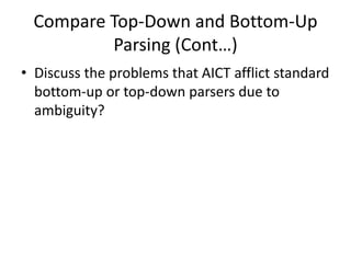 Compare Top-Down and Bottom-Up
Parsing (Cont…)
• Discuss the problems that AICT afflict standard
bottom-up or top-down parsers due to
ambiguity?
 