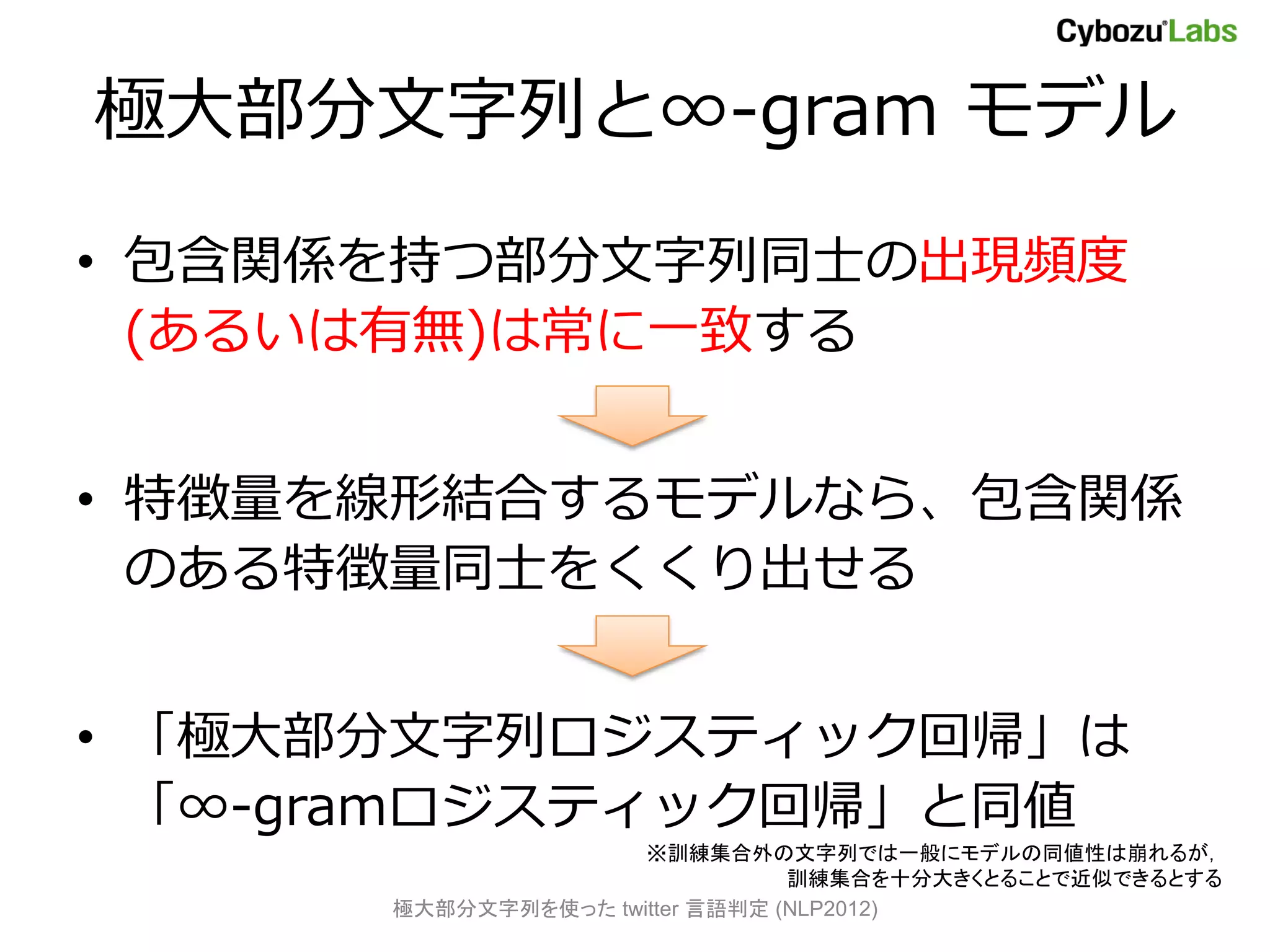 極大部分文字列と∞-gram モデル

• 包含関係を持つ部分文字列同士の出現頻度
  (あるいは有無)は常に一致する


• 特徴量を線形結合するモデルなら、包含関係
  のある特徴量同士をくくり出せる


• 「極大部分文字列ロジスティック回帰」は
  「∞-gramロジスティック回帰」と同値
                     ※訓練集合外の文字列では一般にモデルの同値性は崩れるが，
                                訓練集合を十分大きくとることで近似できるとする
      極大部分文字列を使った twitter 言語判定 (NLP2012)
 