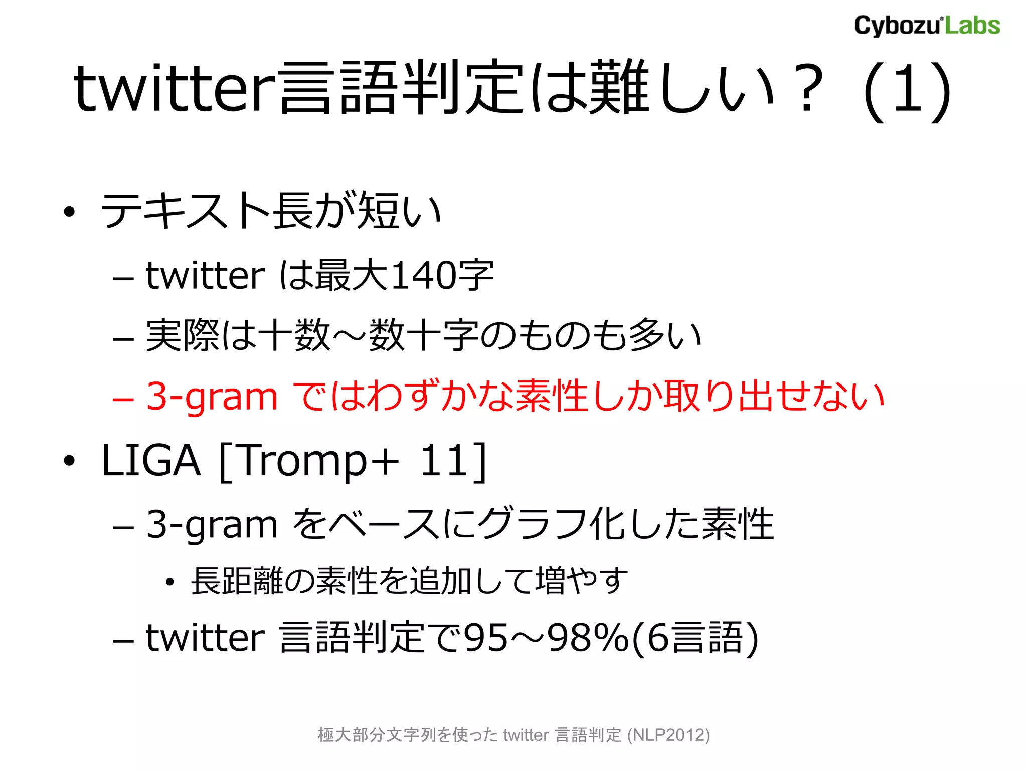 twitter言語判定は難しい？ (1)
• テキスト長が短い
  – twitter は最大140字
  – 実際は十数～数十字のものも多い
  – 3-gram ではわずかな素性しか取り出せない
• LIGA [Tromp+ 11]
  – 3-gram をベースにグラフ化した素性
    • 長距離の素性を追加して増やす
  – twitter 言語判定で95～98%(6言語)

           極大部分文字列を使った twitter 言語判定 (NLP2012)
 