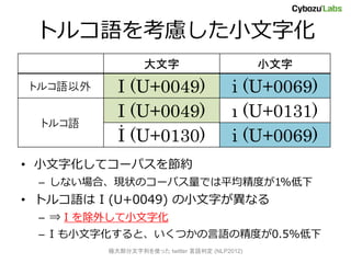 ȥ륳ǤСֻ
                                            С
 ȥ륳Z     I (U+0049)                   i (U+0069)
            I (U+0049)                   ? (U+0131)
  ȥ륳Z
            ? (U+0130)                   i (U+0069)
? Сֻƥ`ѥ򹝼s
 C ʤϡF״Υ`ѥǤƽȤ1%
? ȥ륳Z I (U+0049) С֤ʤ
 C ? I ⤷Сֻ
 C I СֻȡĤZξȤ0.5%
          O󲿷Фʹä twitter ж (NLP2012)
 