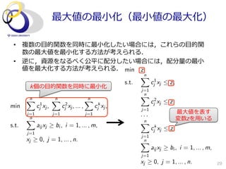 最⼤大値の最⼩小化（最⼩小値の最⼤大化）

 •  複数の⽬目的関数を同時に最⼩小化したい場合には，これらの⽬目的関
    数の最⼤大値を最⼩小化する⽅方法が考えられる．
 •  逆に，資源をなるべく公平に配分したい場合には，配分量量の最⼩小
    値を最⼤大化する⽅方法が考えられる． min z
                            Xn
                       s.t.    cj1 xj  z,
        k個の⽬目的関数を同時に最⼩小化
                                                                j=1
                                                                Xn
       n
       X                n
                        X                      n
                                               X                      cj2 xj  z,
min          cj1 xj ,         cj2 xj , ... ,         cjk xj ,   j=1
       j=1              j=1                    j=1                                  最⼤大値を表す
        n                                                       ···                 変数zを⽤用いる
       X                                                        Xn
s.t.         aij xj      bi , i = 1, ... , m,                         cjk xj  z,
       j=1
                                                                j=1
       xj     0, j = 1, ... , n.                                Xn
                                                                      aij xj   bi , i = 1, ... , m,
                                                                j=1
                                                                xj     0, j = 1, ... , n.             29
 