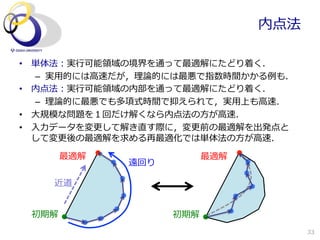 内点法

•  単体法：実⾏行行可能領領域の境界を通って最適解にたどり着く．
    –  実⽤用的には⾼高速だが，理理論論的には最悪で指数時間かかる例例も．
•  内点法：実⾏行行可能領領域の内部を通って最適解にたどり着く．
    –  理理論論的に最悪でも多項式時間で抑えられて，実⽤用上も⾼高速．
•  ⼤大規模な問題を１回だけ解くなら内点法の⽅方が⾼高速．
•  ⼊入⼒力力データを変更更して解き直す際に，変更更前の最適解を出発点と
   して変更更後の最適解を求める再最適化では単体法の⽅方が⾼高速．

       最適解                  最適解
               遠回り

     近道


 初期解                  初期解
                                           33
 