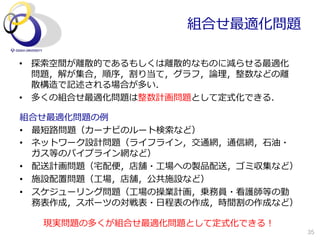 組合せ最適化問題

•  探索索空間が離離散的であるもしくは離離散的なものに減らせる最適化
   問題，解が集合，順序，割り当て，グラフ，論論理理，整数などの離離
   散構造で記述される場合が多い．
•  多くの組合せ最適化問題は整数計画問題として定式化できる．

組合せ最適化問題の例例
•  最短路路問題（カーナビのルート検索索など）
•  ネットワーク設計問題（ライフライン，交通網，通信網，⽯石油・
   ガス等のパイプライン網など）
•  配送計画問題（宅宅配便便，店舗・⼯工場への製品配送，ゴミ収集など）
•  施設配置問題（⼯工場，店舗，公共施設など）
•  スケジューリング問題（⼯工場の操業計画，乗務員・看護師等の勤
   務表作成，スポーツの対戦表・⽇日程表の作成，時間割の作成など）

   現実問題の多くが組合せ最適化問題として定式化できる！
                                       35
 