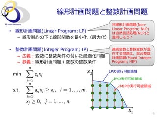 線形計画問題と整数計画問題
                                                    ⾮非線形計画問題(Non-‐‑‒
                                                    Linear  Program;  NLP)
•  線形計画問題(Linear  Program;  LP)                     は⾃自然⾔言語処理理(NLP)と
   –  線形制約の下で線形関数を最⼩小化（最⼤大化）                        混同しそう？


•  整数計画問題(Integer  Program;  IP)                    連続変数と整数変数が混
                                                    在する問題は，混合整数
   –  広義：変数に整数条件の付いた最適化問題                           計画問題(Mixed  Integer  
   –  狭義：線形計画問題＋変数の整数条件                             Program;  MIP)
        n
        X
 min          c j xj                          x2   LPの実⾏行行可能領領域

        j=1                                          IPの実⾏行行可能領領域
        Xn
                                                        MIPの実⾏行行可能領領域
 s.t.         aij xj   bi , i = 1, ... , m,
        j=1
        xj      0, j = 1, ... , n.
                                                             x1              8
 