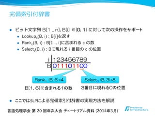 完備索索引付辞書
l  ビット⽂文字列列  B[1  ..  n],  B[i]  ∈{0,  1} に対して次の操作をサポート
l  Lookupc(B, i) : B[i]を返す
l  Rankc(B, i) : B[1 .. i]に含まれる c の数
l  Selectc(B, i) : Bに現れる  i 番⽬目の  c の位置
l  ここではSLPによる完備索索引付辞書の実現⽅方法を解説	
  
B[1,  6]に含まれる1の数	
 3番目に現れる0の位置	
B  011101100
  i    123456789	
Rank1  (B,  6)=4 Select0  (B,  3)=8
言語処理学会 第 20 回年次大会 チュートリアル資料 (2014年3月)	
 