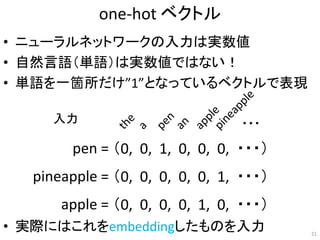 one-hot ベクトル
• ニューラルネットワークの入力は実数値
• 自然言語（単語）は実数値ではない！
• 単語を一箇所だけ”1”となっているベクトルで表現
• 実際にはこれをembeddingしたものを入力
（0, 0, 1, 0, 0, 0, ・・・）
（0, 0, 0, 0, 0, 1, ・・・）
（0, 0, 0, 0, 1, 0, ・・・）
・・・
pen =
pineapple =
apple =
入力
21
 