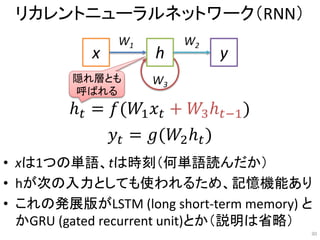 リカレントニューラルネットワーク（RNN）
• xは1つの単語、tは時刻（何単語読んだか）
• hが次の入力としても使われるため、記憶機能あり
• これの発展版がLSTM (long short-term memory) と
かGRU (gated recurrent unit)とか（説明は省略）
x h y
W1 W2
ℎ 𝑡 = 𝑓(𝑊1 𝑥 𝑡 + 𝑊3ℎ 𝑡−1)
𝑦𝑡 = 𝑔(𝑊2ℎ 𝑡)
W3
30
隠れ層とも
呼ばれる
 
