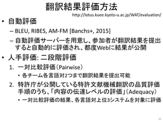 翻訳結果評価方法
• 自動評価
– BLEU, RIBES, AM-FM [Banchs+, 2015]
– 自動評価サーバーを用意し、参加者が翻訳結果を提出
すると自動的に評価され、都度Webに結果が公開
• 人手評価: 二段階評価
1. 一対比較評価（Pairwise）
• 各チーム各言語対2つまで翻訳結果を提出可能
2. 特許庁が公開している特許文献機械翻訳の品質評価
手順のうち、「内容の伝達レベルの評価」（Adequacy）
• 一対比較評価の結果、各言語対上位3システムを対象に評価
65
http://lotus.kuee.kyoto-u.ac.jp/WAT/evaluation/
 