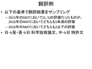 翻訳例
• 以下の基準で翻訳結果をサンプリング
– 2015年のSMTにおいて(5, 5)の評価だったものが、
2016年のNMTにおいてどちらも5未満の評価
– 2016年のNMTにおいてどちらも2以下の評価
• 日→英・英→日 科学技術論文、中→日 特許文
73
 