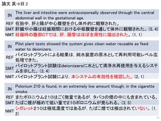 IN
The liver and intestine were extracorporeally observed through the central
abdominal wall in the gestational age.
REF 在胎中，肝と腸が中心腹壁を介し体外的に観察された。
SMT 肝臓や小腸は妊娠期間における中枢腹壁を通して体外に観察された。 (5, 4)
NMT 妊娠時の腹部ＣＴでは，肝，腸管はほぼ全周性に描出された。 (1, 1)
IN
Pilot plant tests showed the system gives clean water reusable as feed
water to deionizers.
REF
パイロットプラントによる結果は，純水装置の原水として再利用可能レベル迄
処理できた。
SMT
パイロットプラント試験はｄｅｉｏｎｉｚｅｒｓに水として清浄水再使用を与えるシステ
ムを示した。 (3, 4)
NMT パイロットプラント試験により，本システムの有効性を確認した。 (2, 1)
IN
Polonium 210 is found, in an extremely low amount though, in the cigarette
smoke.
REF またポロニウム２１０はごく微量であるが，タバコの煙の中にも含まれている。
SMT たばこ煙が極めて低い量で２１０ポロニウムが見られる。 (3, 5)
NMT
シガレット２１０は極低濃度ではあるが，たばこ煙では検出されていない。 (1,
2)
論文 英→日 2
77
 