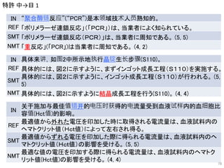 IN “聚合酶链反应”(“PCR”)是本领域技术人员熟知的。
REF 「ポリメラーゼ連鎖反応」（「ＰＣＲ」）は、当業者によく知られている。
SMT 「ポリメラーゼ連鎖反応（ＰＣＲ）」は、当業者に周知である。 (5, 5)
NMT 「重反応」(「PCR」)は当業者に周知である。 (4, 2)
IN 具体来讲，如图2中所示地执行晶锭生长步骤(S110)。
REF 具体的には、図２に示すように、まずインゴット成長工程（Ｓ１１０）を実施する。
SMT
具体的には、図２に示すように、インゴット成長工程（Ｓ１１０）が行われる。 (5,
5)
NMT 具体的には、図2に示すように結晶成長工程を行う(S110)。 (4, 4)
IN
关于施加与最佳值错开的电压时获得的电流量受到血液试样内的血细胞比
容值(Hct值)的影响。
REF
最適値から外れた電圧を印加した時に取得される電流量は、血液試料内の
ヘマトクリット値（Ｈｃｔ値）によって左右され得る。
SMT
最適値からずれる電圧を印加した際に得られる電流量は、血液試料内のヘ
マトクリット値（Ｈｃｔ値）の影響を受ける。 (5, 5)
NMT
最適な値の電圧を印加する際に得られる電流量は、血液試料内のヘマトク
リット値(Hct値)の影響を受ける。 (4, 4)
特許 中→日 1
78
 