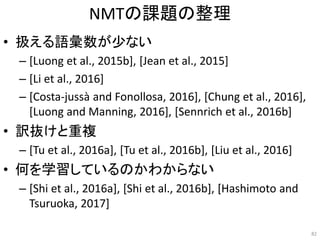 NMTの課題の整理
• 扱える語彙数が少ない
– [Luong et al., 2015b], [Jean et al., 2015]
– [Li et al., 2016]
– [Costa-jussà and Fonollosa, 2016], [Chung et al., 2016],
[Luong and Manning, 2016], [Sennrich et al., 2016b]
• 訳抜けと重複
– [Tu et al., 2016a], [Tu et al., 2016b], [Liu et al., 2016]
• 何を学習しているのかわからない
– [Shi et al., 2016a], [Shi et al., 2016b], [Hashimoto and
Tsuruoka, 2017]
82
 