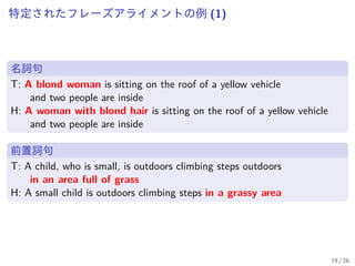 特定されたフレーズアライメントの例 (1)
名詞句
T: A blond woman is sitting on the roof of a yellow vehicle
and two people are inside
H: A woman with blond hair is sitting on the roof of a yellow vehicle
and two people are inside
前置詞句
T: A child, who is small, is outdoors climbing steps outdoors
in an area full of grass
H: A small child is outdoors climbing steps in a grassy area
19 / 26
 