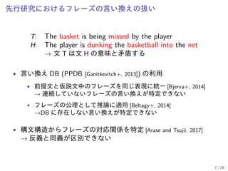 先行研究におけるフレーズの言い換えの扱い
T: The basket is being missed by the player
H: The player is dunking the basketball into the net
→ 文 T は文 H の意味と矛盾する
• 言い換え DB (PPDB [Ganitkevitch+, 2013]) の利用
• 前提文と仮説文中のフレーズを同じ表現に統一 [Bjerva+, 2014]
→ 連続していないフレーズの言い換えが特定できない
• フレーズの公理として推論に適用 [Beltagy+, 2014]
→DB に存在しない言い換えが特定できない
• 構文構造からフレーズの対応関係を特定 [Arase and Tsujii, 2017]
→ 反義と同義が区別できない
7 / 26
 