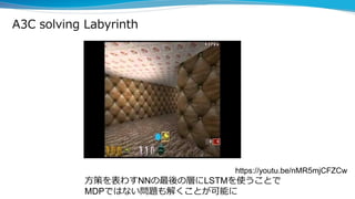 A3C solving Labyrinth
方策を表わすNNの最後の層にLSTMを使うことで
MDPではない問題も解くことが可能に
https://youtu.be/nMR5mjCFZCw
 