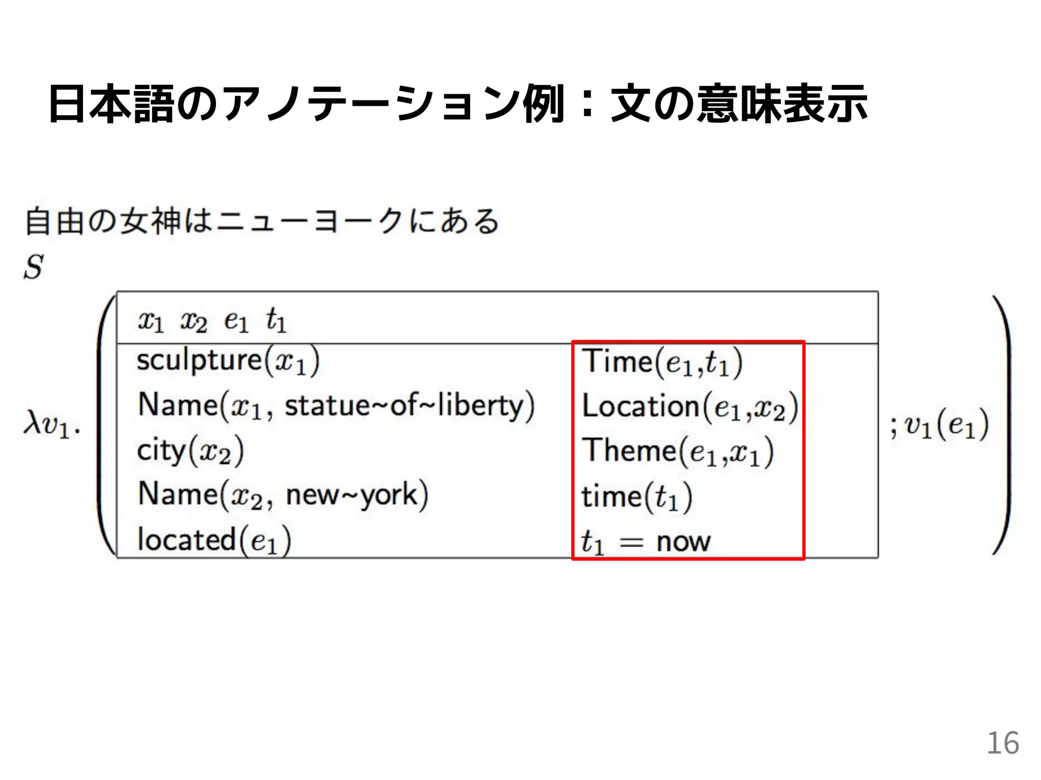 日本語のアノテーション例：文の意味表示
16
 