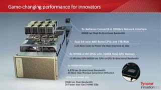 Game-changing performance for innovators
9x Mellanox ConnectX-6 200Gb/s Network Interface
450GB/sec Peak Bi-directional Bandwidth
Dual 64-core AMD Rome CPUs and 1TB RAM
3.2X More Cores to Power the Most Intensive AI Jobs
8x NVIDIA A100 GPUs with 320GB Total GPU Memory
12 NVLinks/GPU 600GB/sec GPU-to-GPU Bi-directional Bandwidth
15TB Gen4 NVME SSD
4.8TB/sec Bi-directional Bandwidth
2X More than Previous Generation NVSwitch
6x NVIDIA NVSwitches
25GB/sec Peak Bandwidth
2X Faster than Gen3 NVME SSDs
 