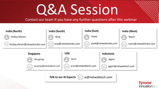 Q&A Session
Hirdey Vikram
Hirdey.vikram@netwebindia.com
India (North)
Niraj
niraj@netwebindia.com
India (South)
Vivek
vivek@netwebindia.com
India (East)
Navin
navin@netwebindia.com
India (West)
Anupriya
anupriya@netwebtech.com
Singapore
Arun
arun@netwebtech.com
UAE
Agam
agam@netwebtech.com
Indonesia
Contact our team if you have any further questions after this webinar
ai@netwebtech.comTalk to our AI Experts
 