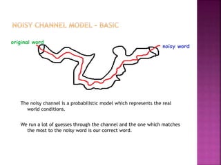 The noisy channel is a probabilistic model which represents the real
world conditions.
We run a lot of guesses through the channel and the one which matches
the most to the noisy word is our correct word.
 