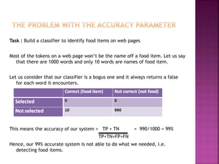 Task : Build a classifier to identify food items on web pages
Most of the tokens on a web page won’t be the name off a food item. Let us say
that there are 1000 words and only 10 words are names of food item.
Let us consider that our classifier is a bogus one and it always returns a false
for each word it encounters.
This means the accuracy of our system = TP + TN = 990/1000 = 99%
TP+TN+FP+FN
Hence, our 99% accurate system is not able to do what we needed, i.e.
detecting food items.
 