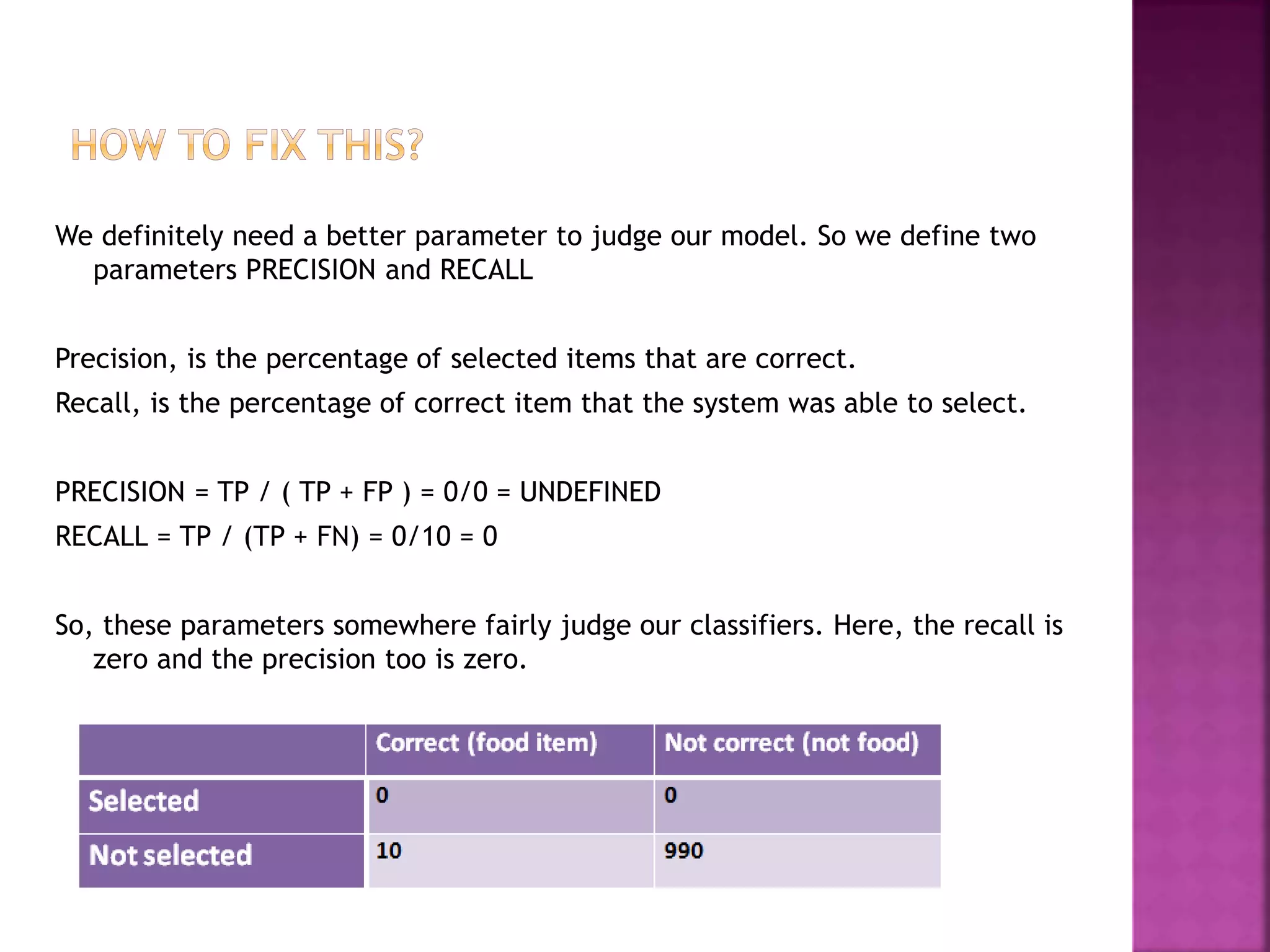 We definitely need a better parameter to judge our model. So we define two
parameters PRECISION and RECALL
Precision, is the percentage of selected items that are correct.
Recall, is the percentage of correct item that the system was able to select.
PRECISION = TP / ( TP + FP ) = 0/0 = UNDEFINED
RECALL = TP / (TP + FN) = 0/10 = 0
So, these parameters somewhere fairly judge our classifiers. Here, the recall is
zero and the precision too is zero.
 