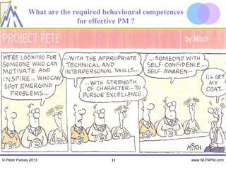 What are the required behavioural competences
                            for effective PM ?




© Peter Parkes 2013                   12                      www.NLP4PM.com
 