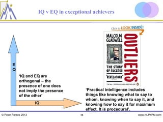 IQ v EQ in exceptional achievers




        E
        Q
             ‘IQ and EQ are
             orthogonal – the
             presence of one does
             not imply the presence          ‘Practical intelligence includes
             of the other’                   things like knowing what to say to
                                             whom, knowing when to say it, and
                      IQ                     knowing how to say it for maximum
                                             effect. It is procedural’.
© Peter Parkes 2013                     16                            www.NLP4PM.com
 