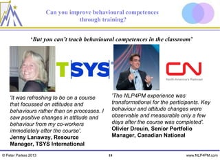 Can you improve behavioural competences
                                 through training?


               ‘But you can’t teach behavioural competences in the classroom’




    'It was refreshing to be on a course      'The NLP4PM experience was
    that focussed on attitudes and            transformational for the participants. Key
    behaviours rather than on processes. I    behaviour and attitude changes were
    saw positive changes in attitude and      observable and measurable only a few
    behaviour from my co-workers              days after the course was completed'.
    immediately after the course'.            Olivier Drouin, Senior Portfolio
    Jenny Lanaway, Resource                   Manager, Canadian National
    Manager, TSYS International
© Peter Parkes 2013                          18                              www.NLP4PM.com
 