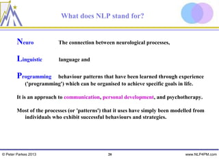 What does NLP stand for?


        Neuro             The connection between neurological processes,


        Linguistic        language and


        Programming     behaviour patterns that have been learned through experience
            ('programming') which can be organised to achieve specific goals in life.

        It is an approach to communication, personal development, and psychotherapy.

        Most of the processes (or 'patterns') that it uses have simply been modelled from
          individuals who exhibit successful behaviours and strategies.




© Peter Parkes 2013                            20                               www.NLP4PM.com
 