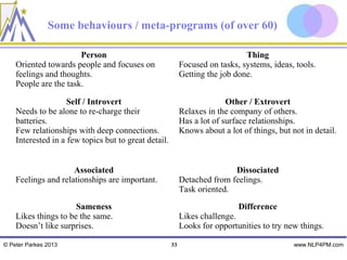 Some behaviours / meta-programs (of over 60)

                       Person                                                 Thing
    Oriented towards people and focuses on                 Focused on tasks, systems, ideas, tools.
    feelings and thoughts.                                 Getting the job done.
    People are the task.

                    Self / Introvert                                     Other / Extrovert
    Needs to be alone to re-charge their                   Relaxes in the company of others.
    batteries.                                             Has a lot of surface relationships.
    Few relationships with deep connections.               Knows about a lot of things, but not in detail.
    Interested in a few topics but to great detail.


                     Associated                                           Dissociated
    Feelings and relationships are important.              Detached from feelings.
                                                           Task oriented.

                      Sameness                                              Difference
    Likes things to be the same.                           Likes challenge.
    Doesn’t like surprises.                                Looks for opportunities to try new things.

© Peter Parkes 2013                                   33                                     www.NLP4PM.com
 