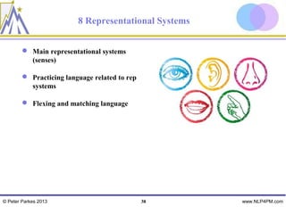 8 Representational Systems


         Main representational systems
          (senses)

         Practicing language related to rep
          systems

         Flexing and matching language




© Peter Parkes 2013                            38     www.NLP4PM.com
 