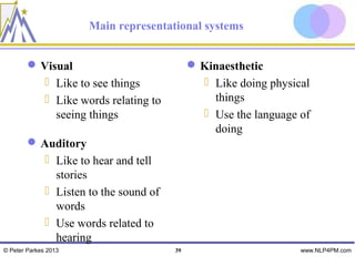 Main representational systems


         Visual                            Kinaesthetic
            Like to see things               Like doing physical
            Like words relating to            things
             seeing things                    Use the language of
                                               doing
         Auditory
            Like to hear and tell
             stories
            Listen to the sound of
             words
            Use words related to
             hearing
© Peter Parkes 2013                   39                        www.NLP4PM.com
 