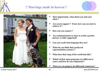 ? Marriage made in heaven ?

                                      More importantly, what about you and your
                                       client ?

                                      Are you in rapport ? If not, how can you start to
                                       achieve it ?

                                      How can you connect ?

                                      Are communications as clear as a bell, a perfect
                                       picture, or fully supported?

                                      Can you recall what language they use?

                                      What do you think their preferred
                                       representation system is ?

                                      What does their map of the world look like?

                                      Which of their meta-programs are different to
                                       yours, and how do you compensate?

                                      What are you going to do differently tomorrow?
© Peter Parkes 2013                  52                                    www.NLP4PM.com
 