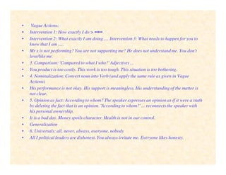 • Vague Actions:
• Intervention 1: How exactly I do > •••••
• Intervention 2: What exactly I am doing .... Intervention 3: What needs to happen for you to
know that I am .....
• Mr x is not performing? You are not supporting me? He does not understand me. You don't
love/like me.
• 3. Comparison: 'Compared to what I who?' Adjectives ...
• You product is too costly. This work is too tough. This situation is too bothering.
• 4. Nominalization: Convert noun into Verb (and apply the same rule as given in Vague
Actions)
• His performance is not okay. His support is meaningless. His understanding of the matter is
not clear.
• 5. Opinion as fact: According to whom? The speaker expresses an opinion as if it were a truth
by deleting the fact that is an opinion. 'According to whom?' ... reconnects the speaker with
his personal ownership.
• It is a bad day. Money spoils character. Health is not in our control.
• Generalization
• 6. Universals: all, never, always, everyone, nobody
• All I political leaders are dishonest. You always irritate me. Everyone likes honesty.
 