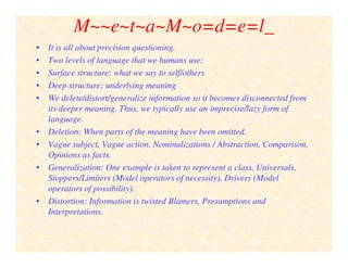 M~~e~t~a~M~o=d=e=l_
• It is all about precision questioning.
• Two levels of language that we humans use;
• Surface structure; what we say to self/others
• Deep structure; underlying meaning
• We delete/distort/generalize information so it becomes disconnected from
its deeper meaning. Thus, we typically use an imprecise/lazy form of
language.
• Deletion: When parts of the meaning have been omitted.
• Vague subject, Vague action, Nominalizations / Abstraction, Comparison,
Opinions as facts.
• Generalization: One example is taken to represent a class. Universals,
Stoppers/Limiters (Model operators of necessity), Drivers (Model
operators of possibility).
• Distortion: Information is twisted Blamers, Presumptions and
Interpretations.
 