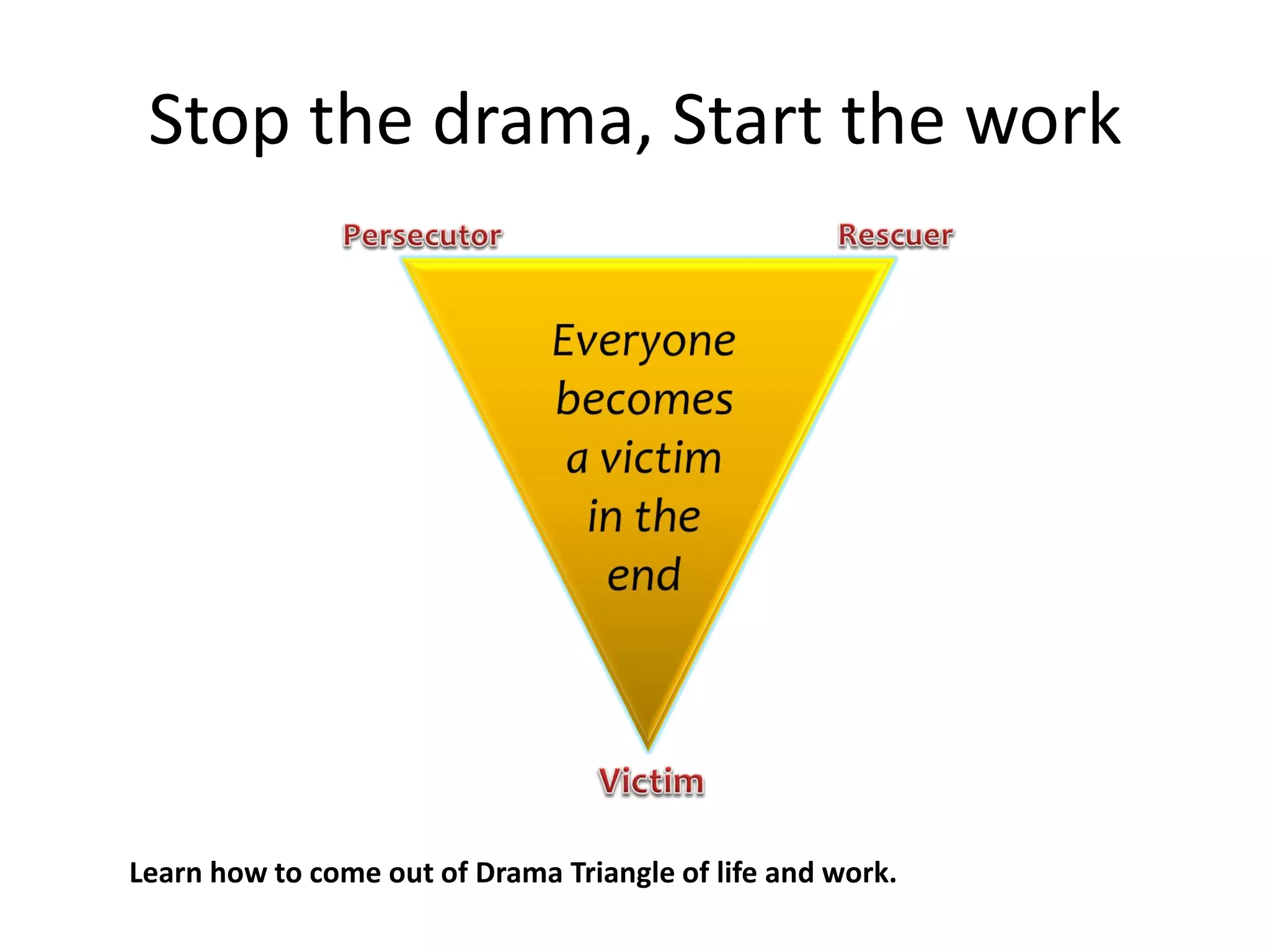 Stop the drama, Start the work




Learn how to come out of Drama Triangle of life and work.
 