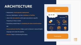 ARCHITECTURE
• Deployment: cloud agnostic deployment
• Sources / destination : can be a database or flatfiles
• Jobs is the data pipeline which gets executed at a specific
frequency or time or event
• Scheduling module helps in scheduling the data transformation
job
• Conversational interface helps a user to interact in natural English
language and create the pipeline
• Monitor helps in monitoring the status
 